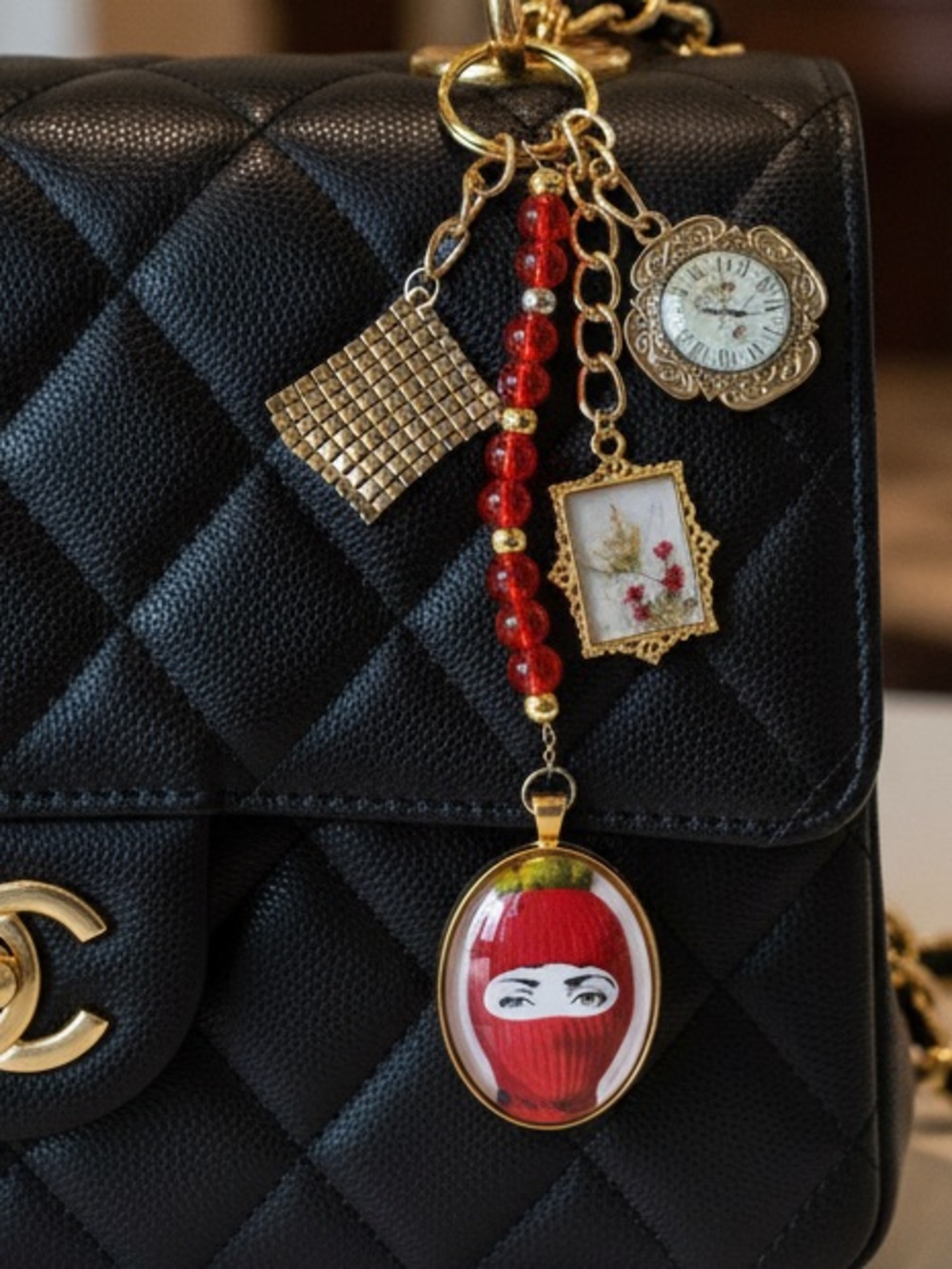 BAG CHARM PURSE ACCESSORIE FORNASETTI SKI MASK FLORAL FRAME CLOCK GOLDEN TONE